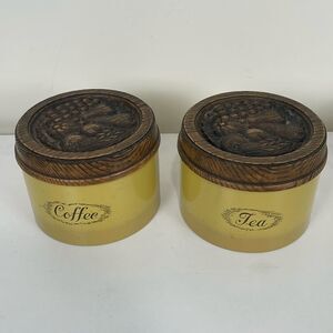Cheinco Vintage 70s Tin Canisters Tea Coffee w/Woodbury Lids Yellow Fruit